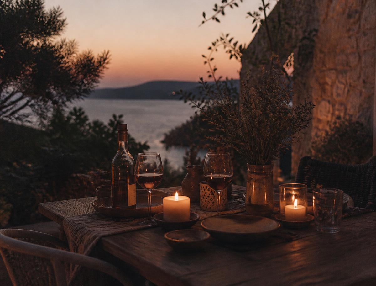 A candlelit dinner table on a patio at sunset