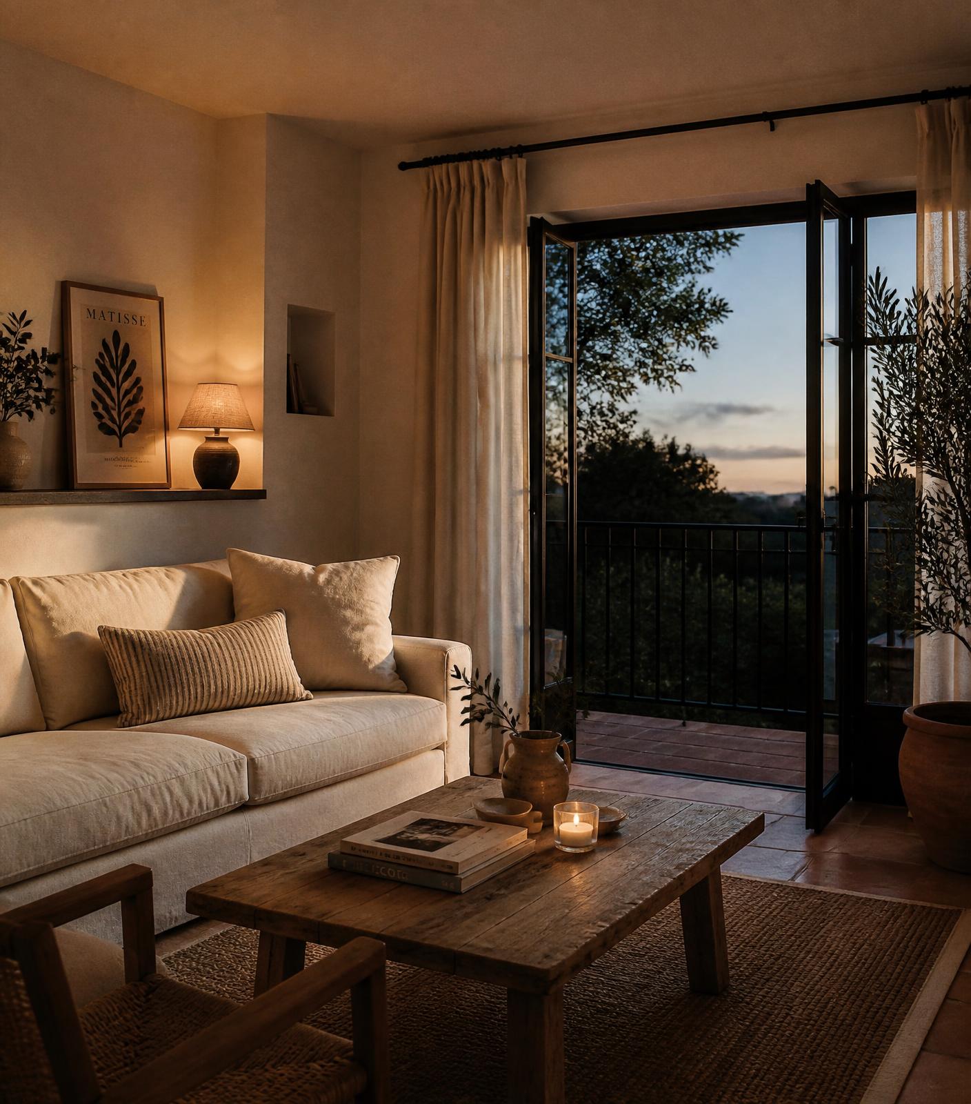A warm, softly lit rental living room at dusk with balcony doors open to the evening